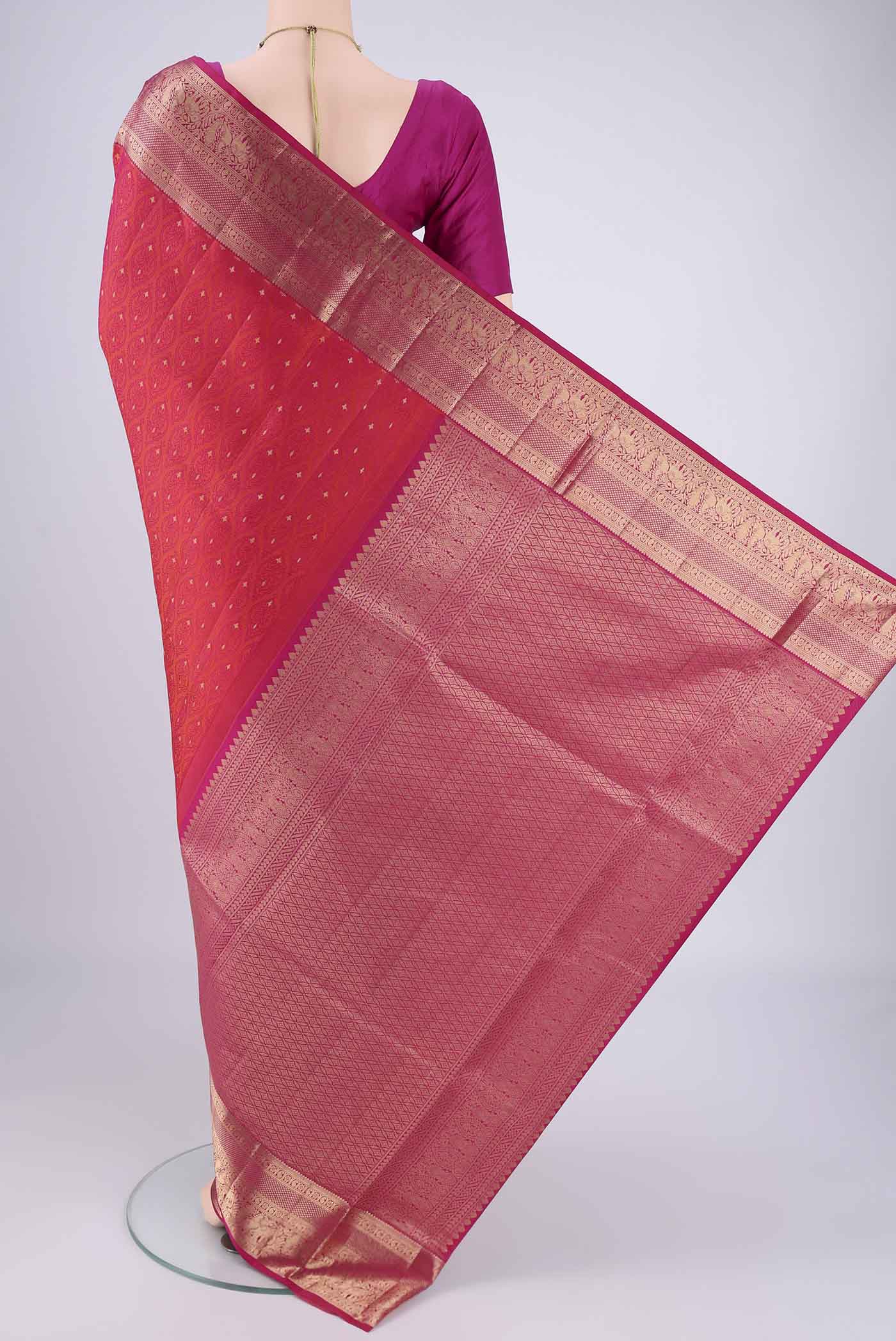 Flat view of Dark Pink Dual Tone Soft Silk Saree with Jacquard With Zari Butta on the body and Zari Border. 