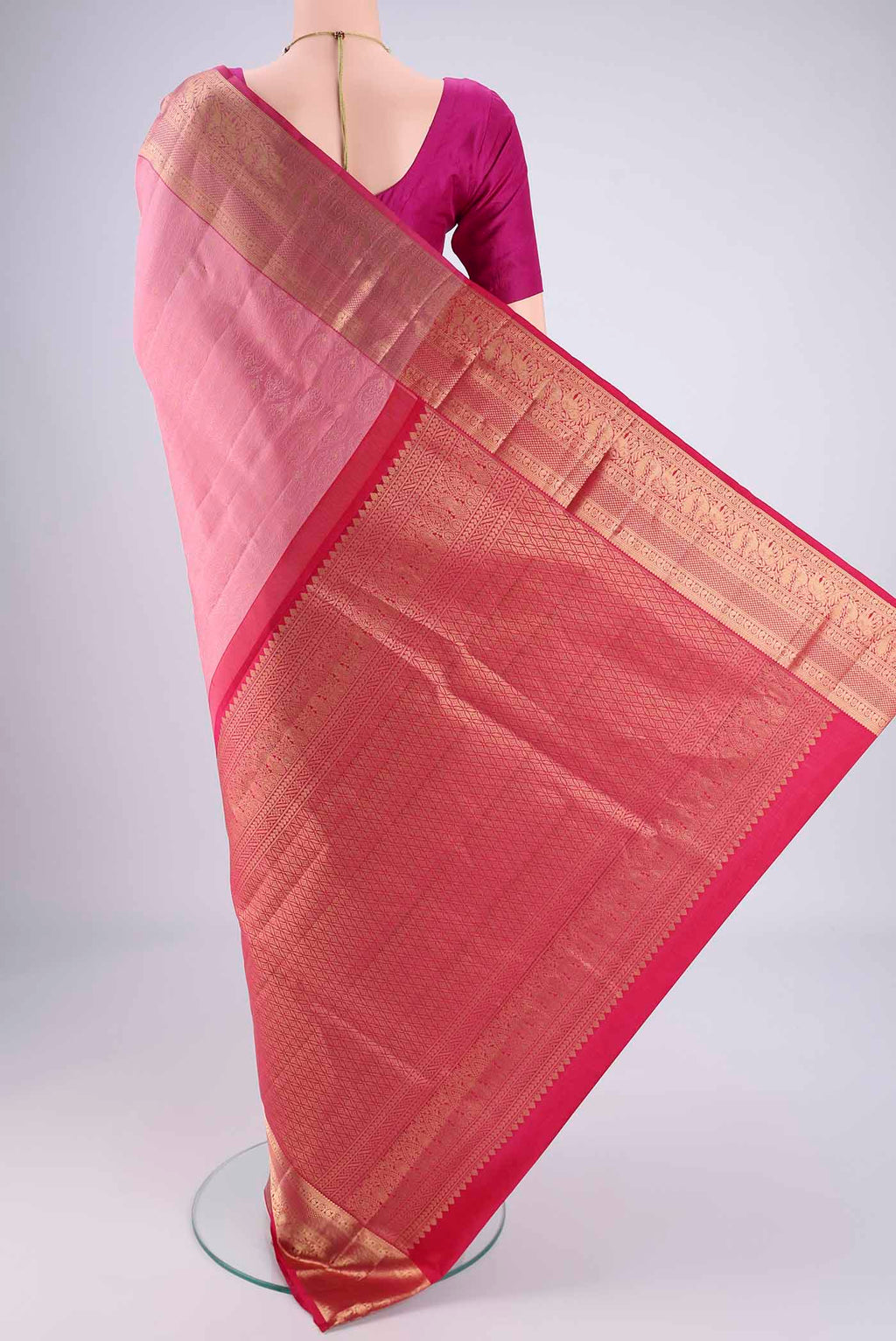 Flat view of Rose pink Dual Tone Soft Silk Saree with Jacquard With Zari Butta on the body and Zari Border. 