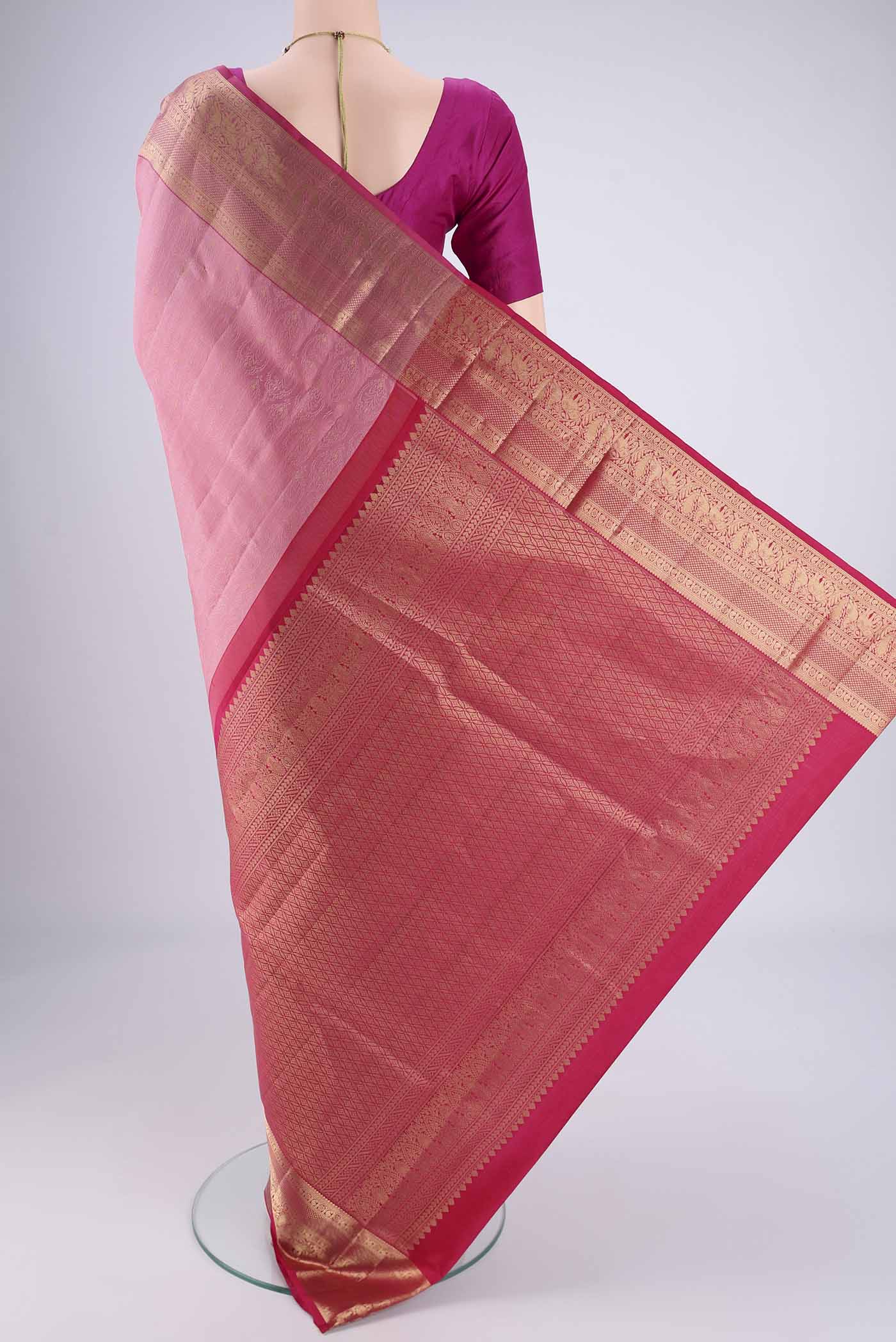 Flat view of Rose pink Dual Tone Soft Silk Saree with Jacquard With Zari Butta on the body and Zari Border. 