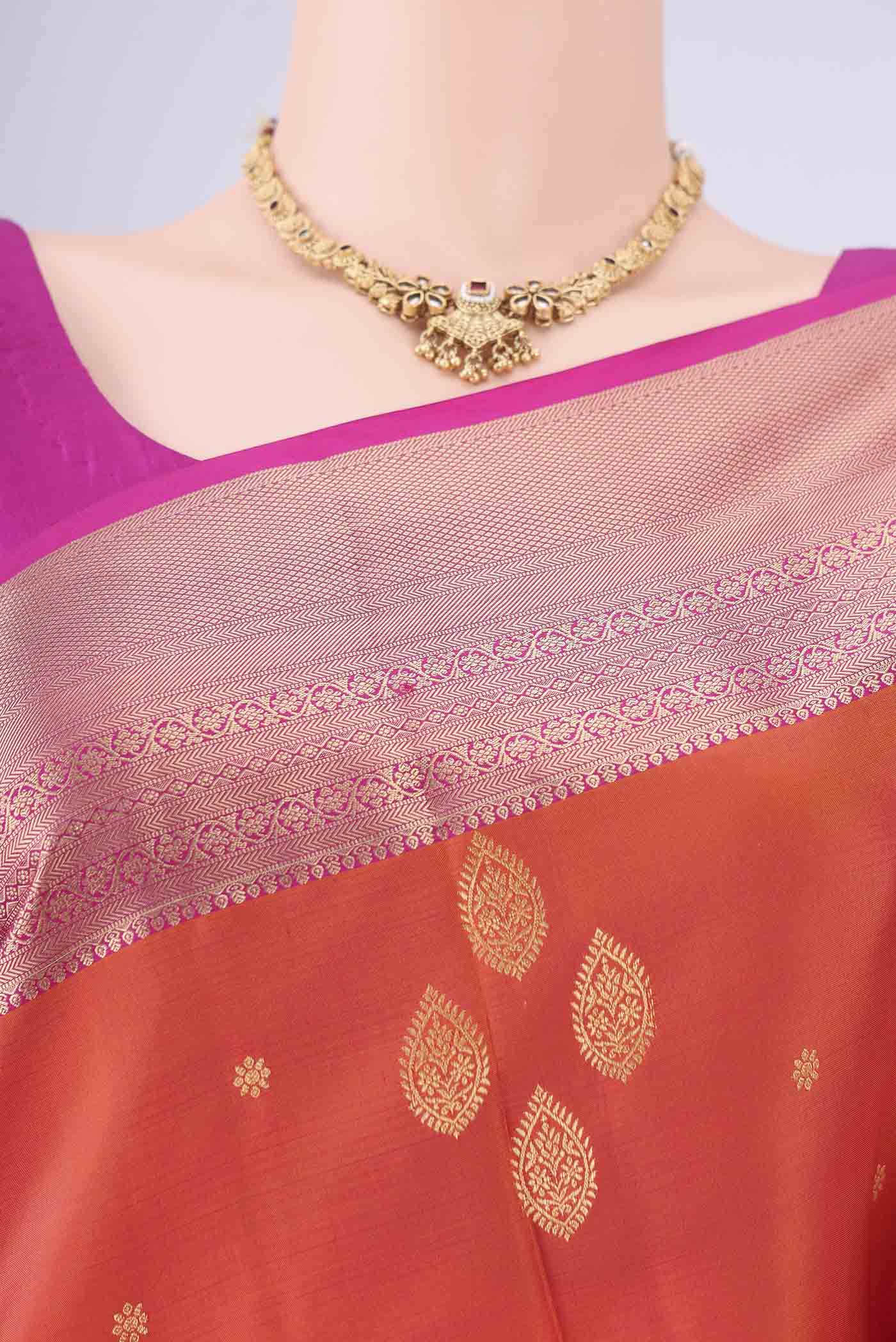 Border image of Brick Orange Dual Tone Soft Silk Saree with Zari Brocade on the body and Zari Border. 
