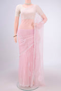 Rose pink Organza Silk Saree with Embroidery on the body and Thin Zari Line.  displayed on a mannequin
