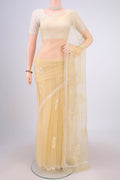 Lemon Yellow Organza Silk Saree with Embroidery on the body and Zari Border.  displayed on a mannequin
