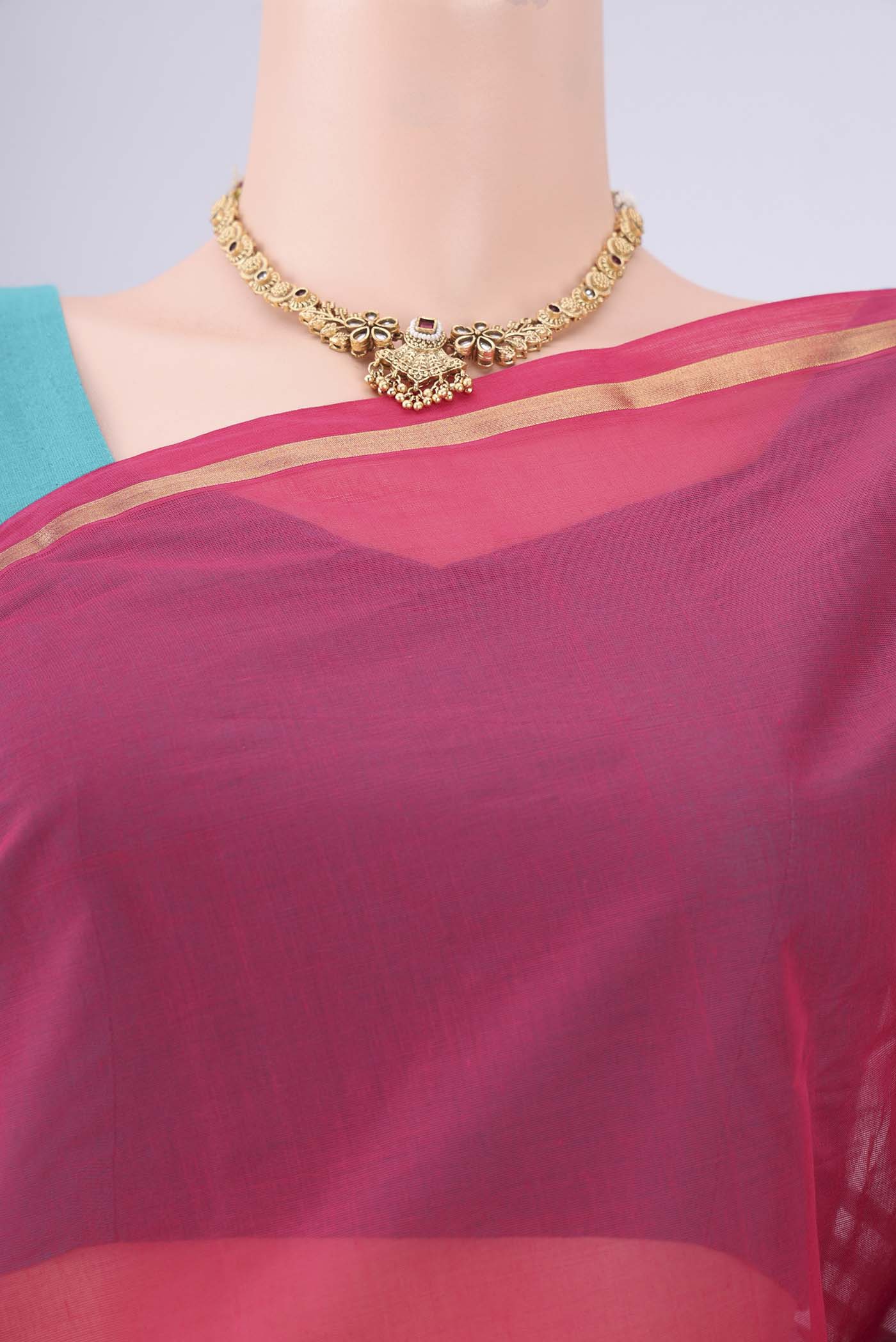 Border image of Rani Pink Kanchi Cotton Saree with Stripes on the body and Thin Zari Line. 