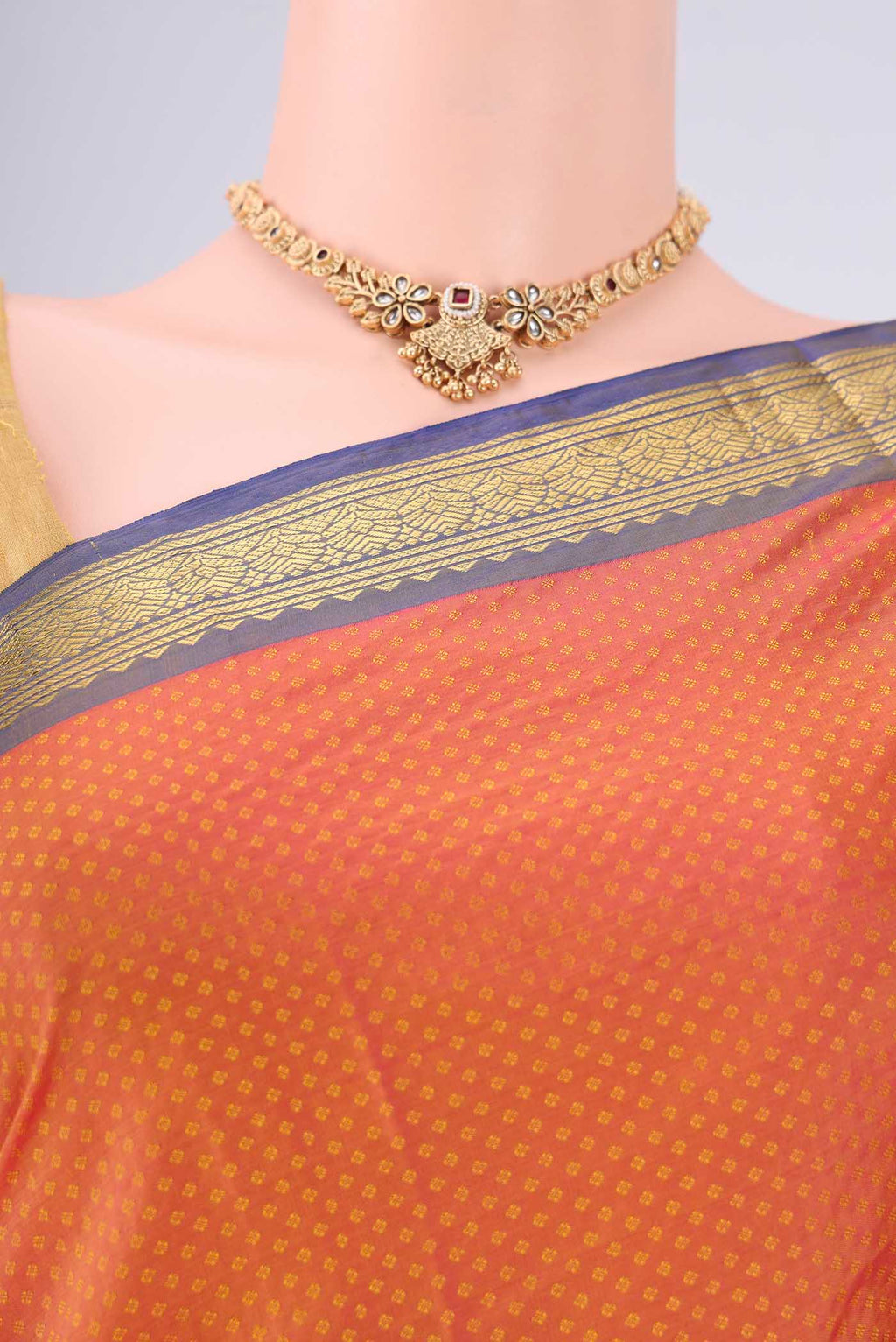 Border image of Brick Orange Blended Bangalore Silk Saree with Jacquard design on the body and Zari Border. 