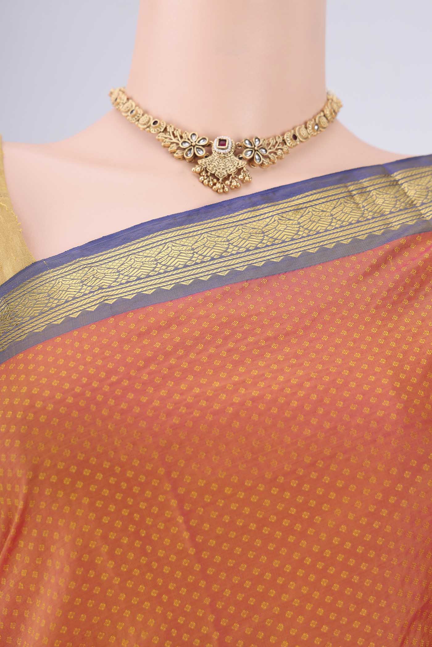 Border image of Brick Orange Blended Bangalore Silk Saree with Jacquard design on the body and Zari Border. 