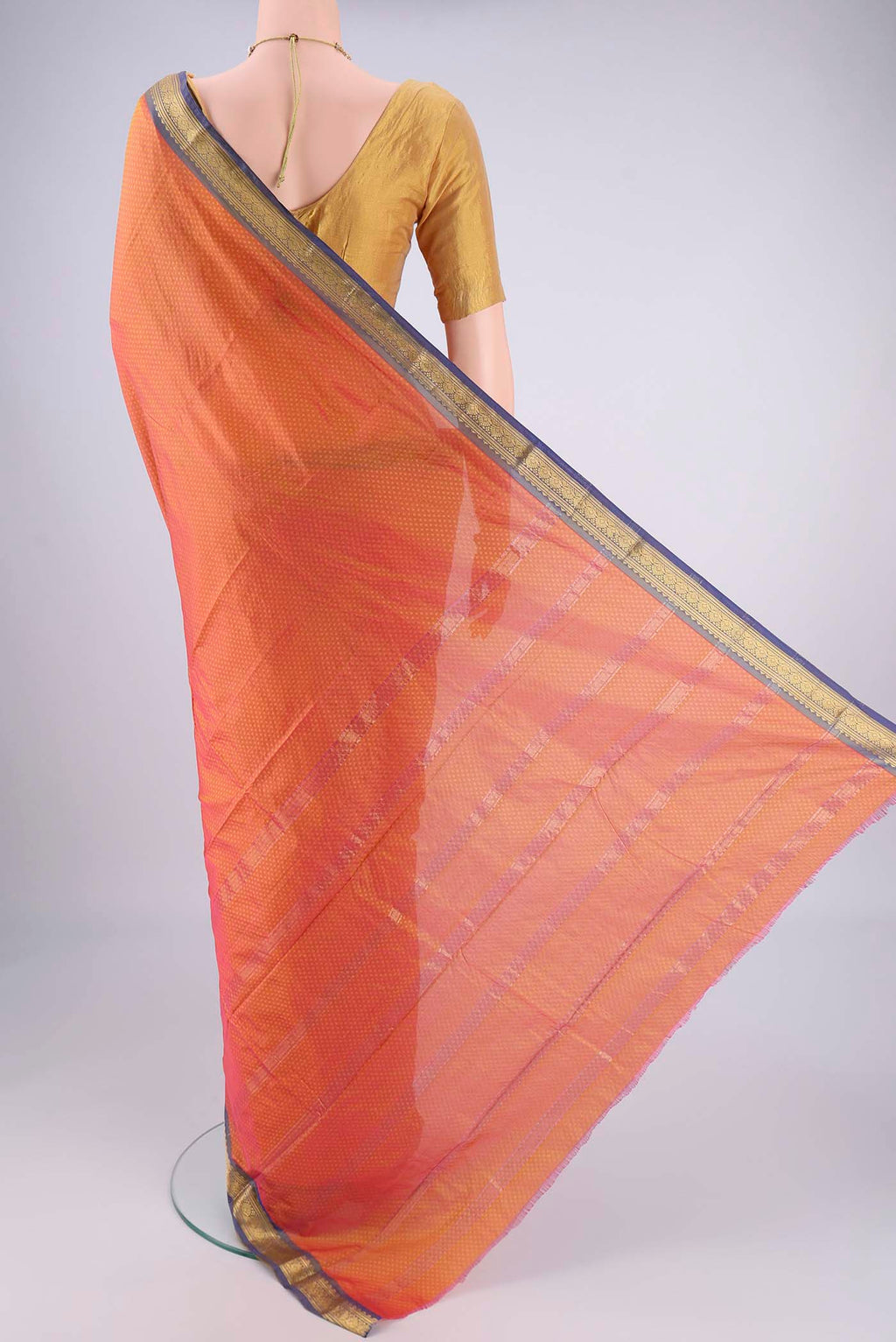 Flat view of Brick Orange Blended Bangalore Silk Saree with Jacquard design on the body and Zari Border. 