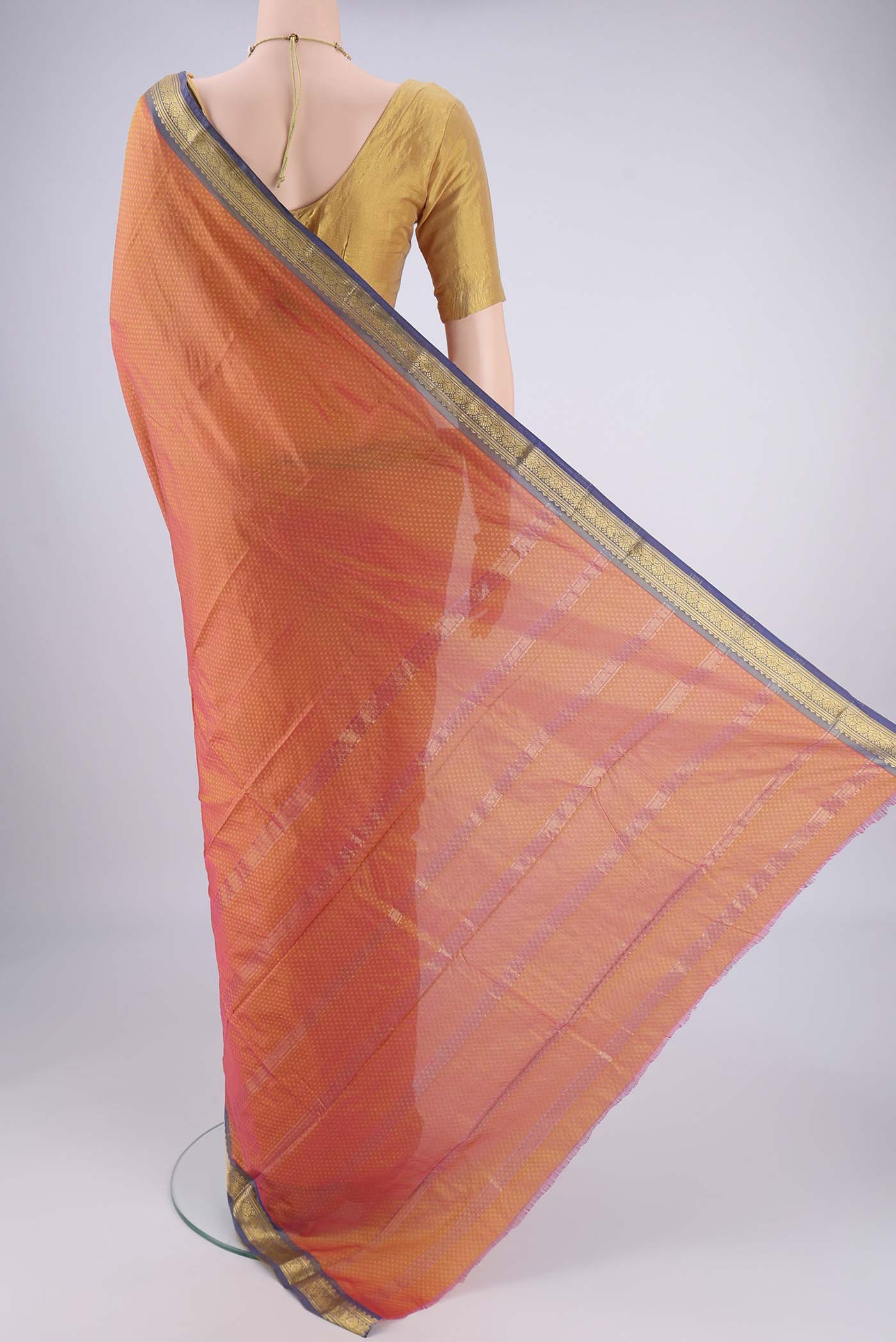 Flat view of Brick Orange Blended Bangalore Silk Saree with Jacquard design on the body and Zari Border. 