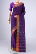 Violet Blended Bangalore Silk Saree with Zari Butta on the body and Zari Border.  displayed on a mannequin