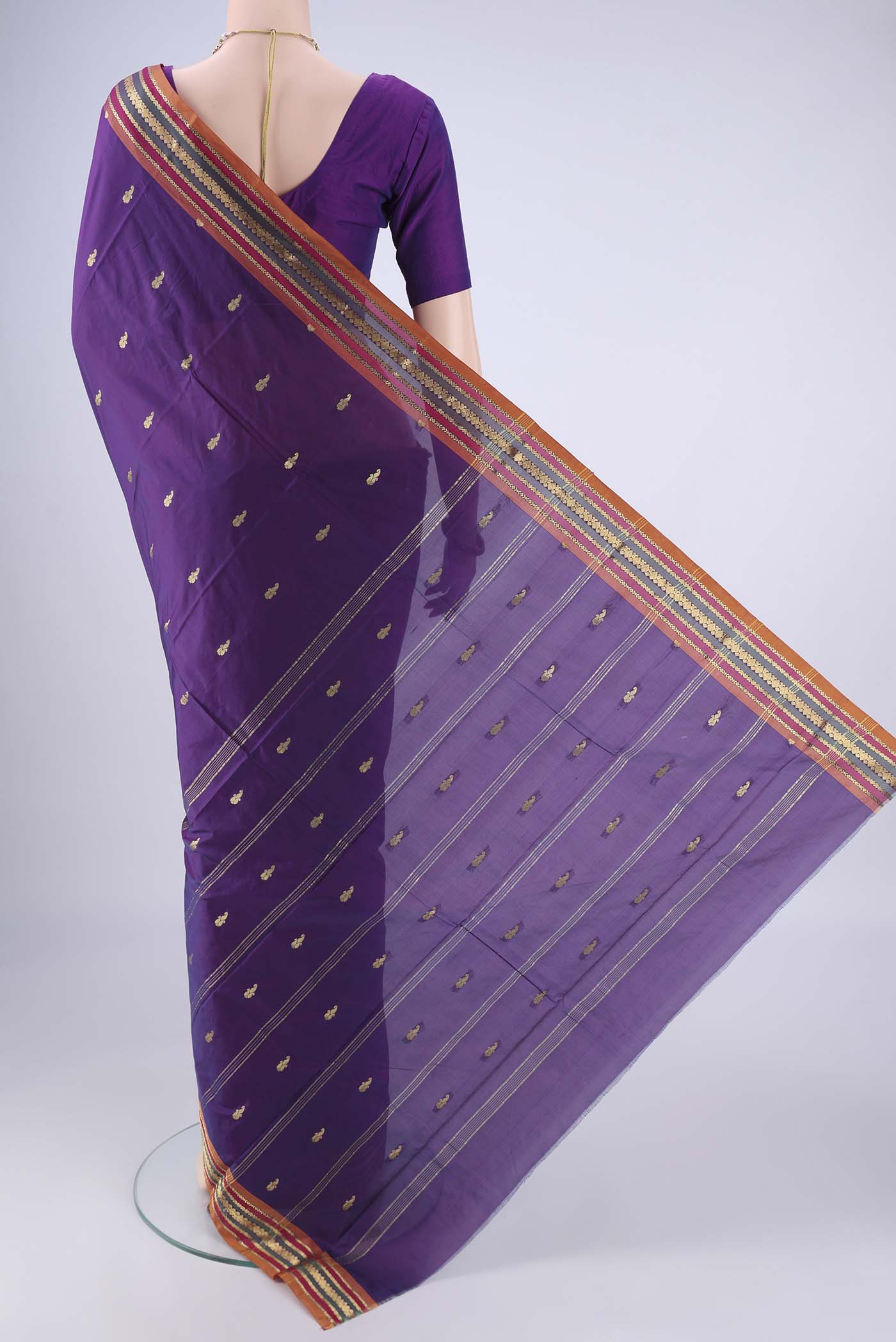 Flat view of Violet Blended Bangalore Silk Saree with Zari Butta on the body and Zari Border. 