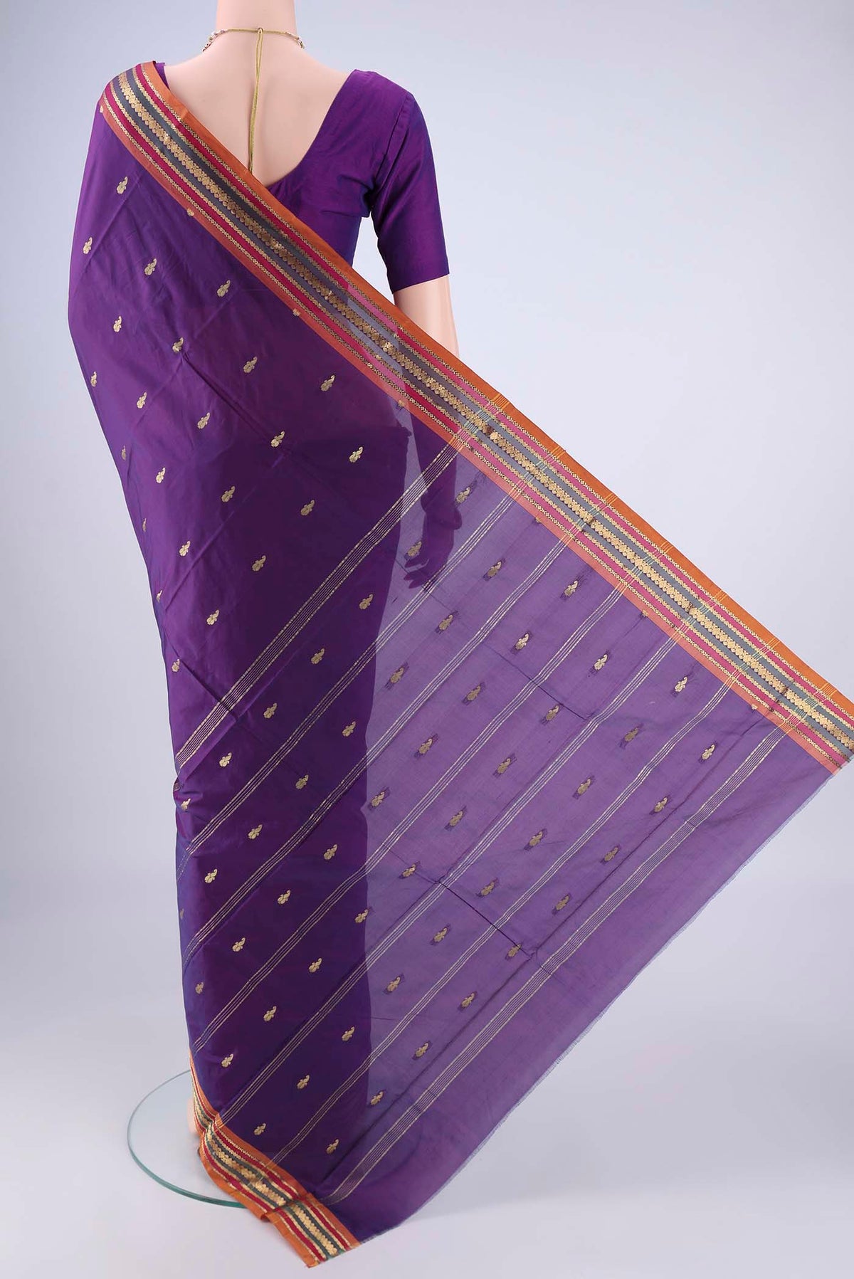 Flat view of Violet Blended Bangalore Silk Saree with Zari Butta on the body and Zari Border. 