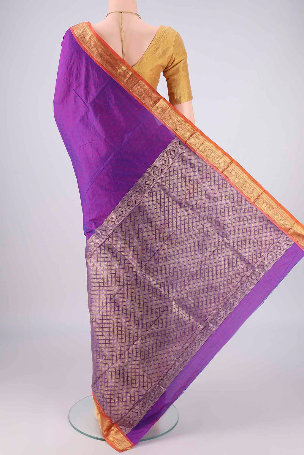 Flat view of Purple Blended Bangalore Silk Saree with Jacquard design on the body and Zari Border. 