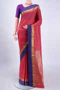 Coral Blended Bangalore Silk Saree with Zari Butta on the body and Zari Border.  displayed on a mannequin
