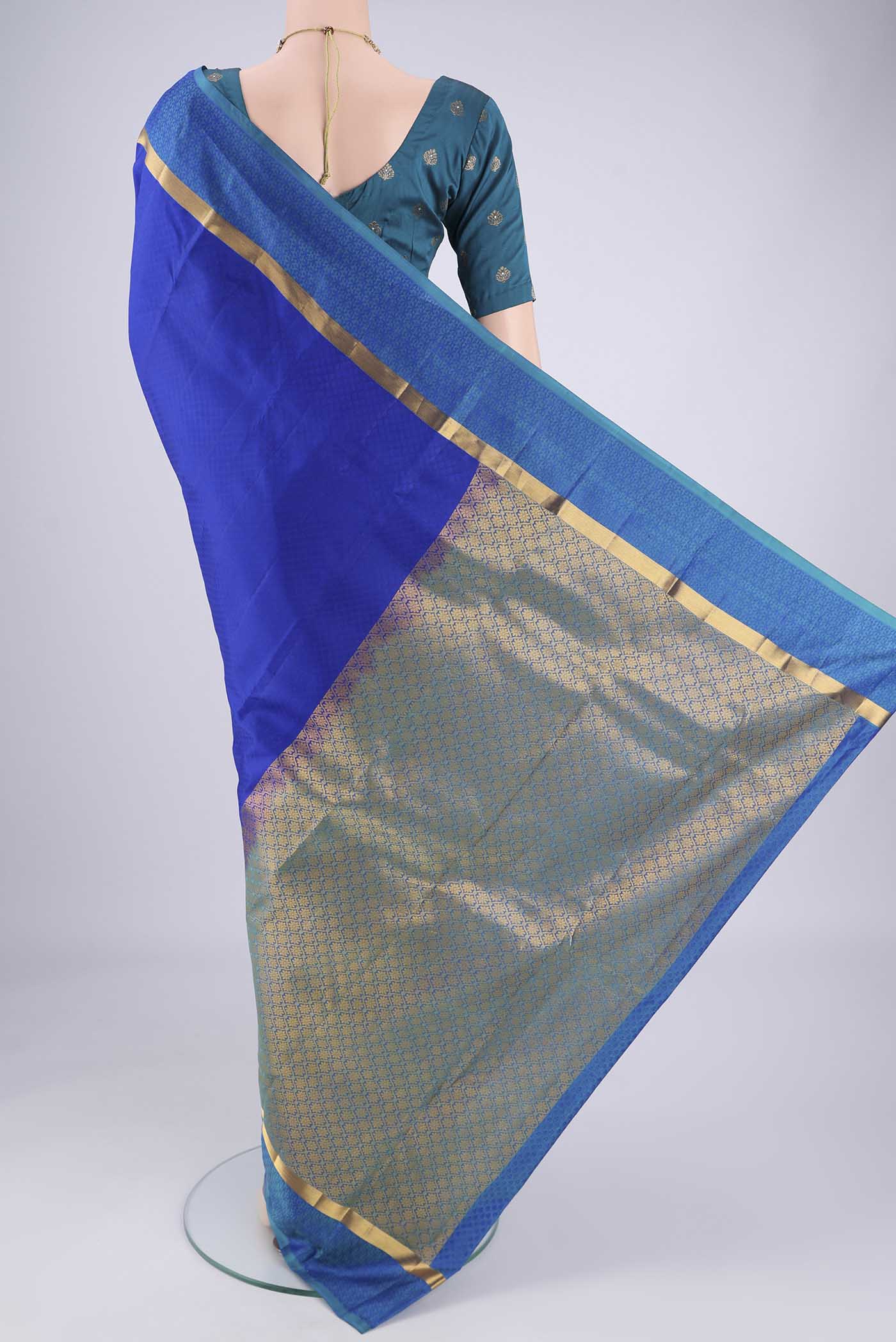 Flat view of Royal Blue Nangavalli Silk [ Salem ] Saree with Jacquard design on the body and Plain Border. 