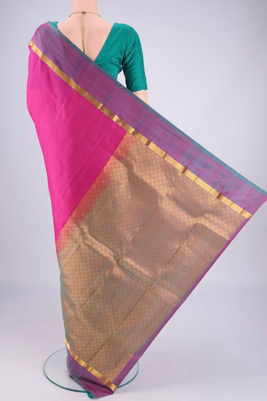 Flat view of Rani Pink Nangavalli Silk [ Salem ] Saree with Jacquard design on the body and Plain Border. 