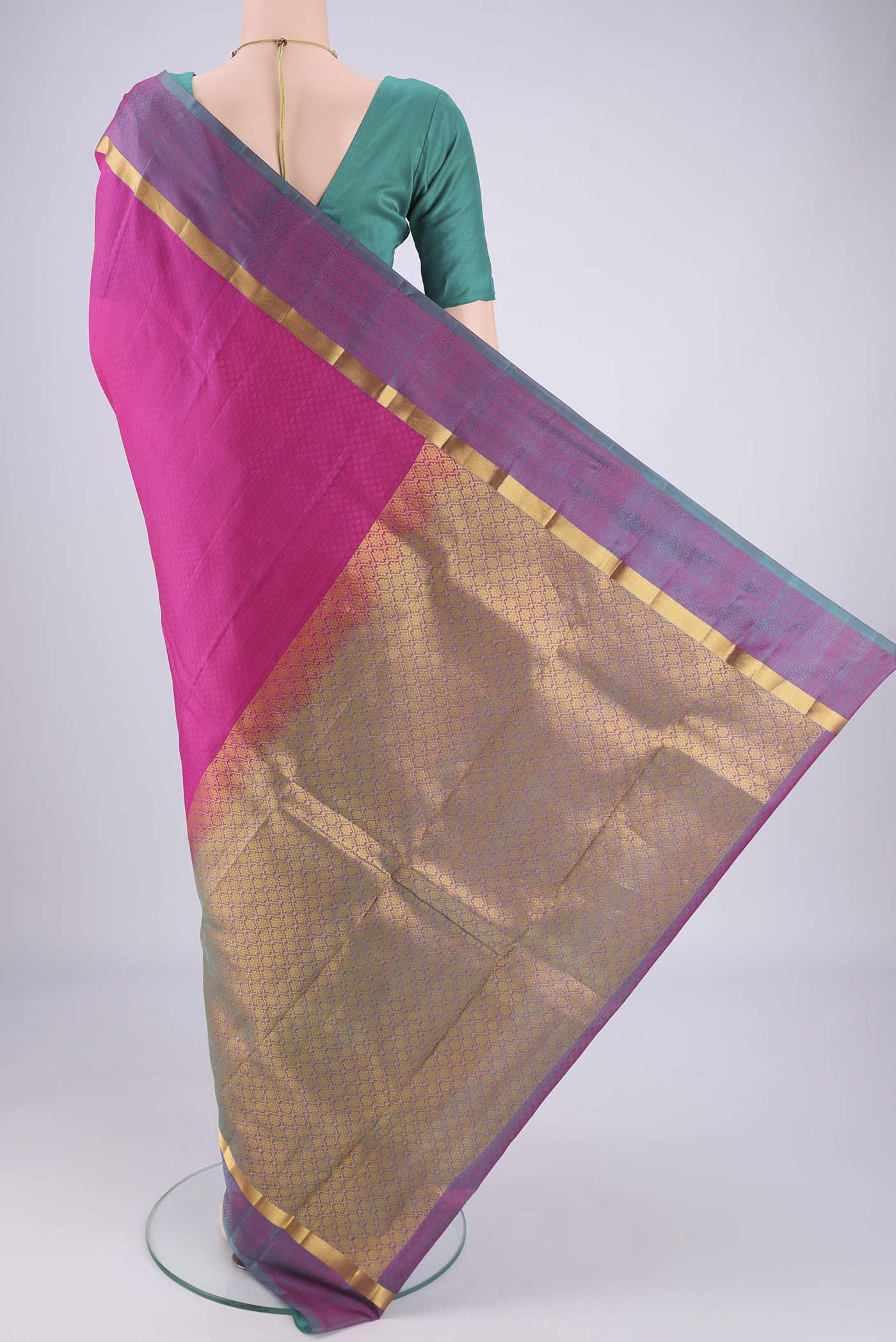 Flat view of Rani Pink Nangavalli Silk [ Salem ] Saree with Jacquard design on the body and Plain Border. 