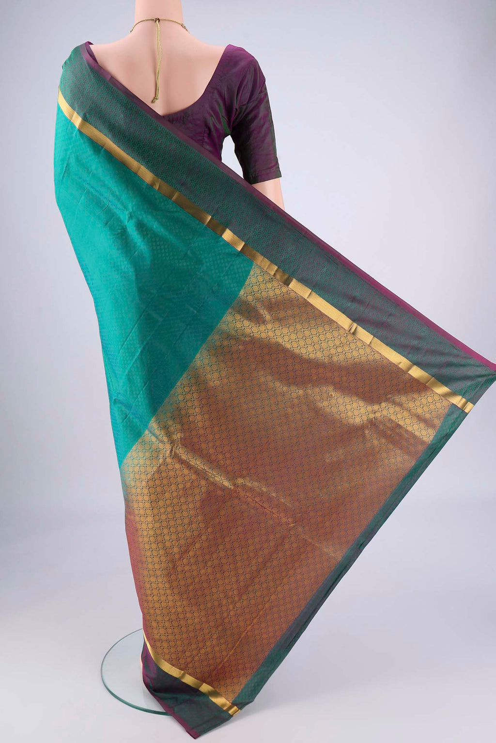 Flat view of Sea Green Nangavalli Silk [ Salem ] Saree with Jacquard design on the body and Plain Border. 