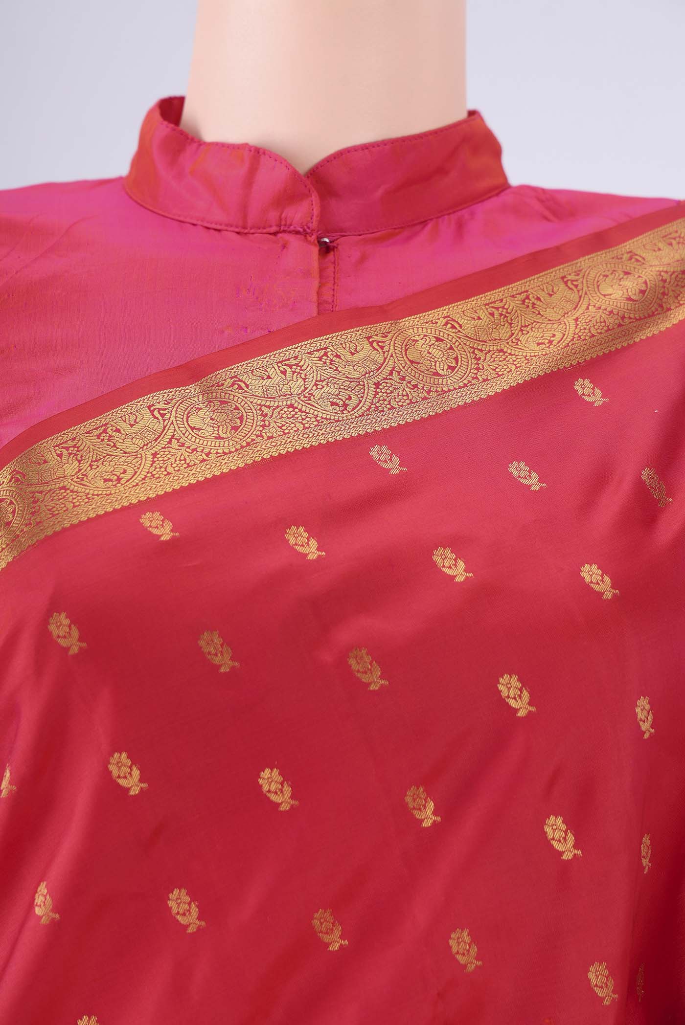Border image of Red Dual Tone Kanchipuram Saree with Zari Butta on the body and Zari Border. 