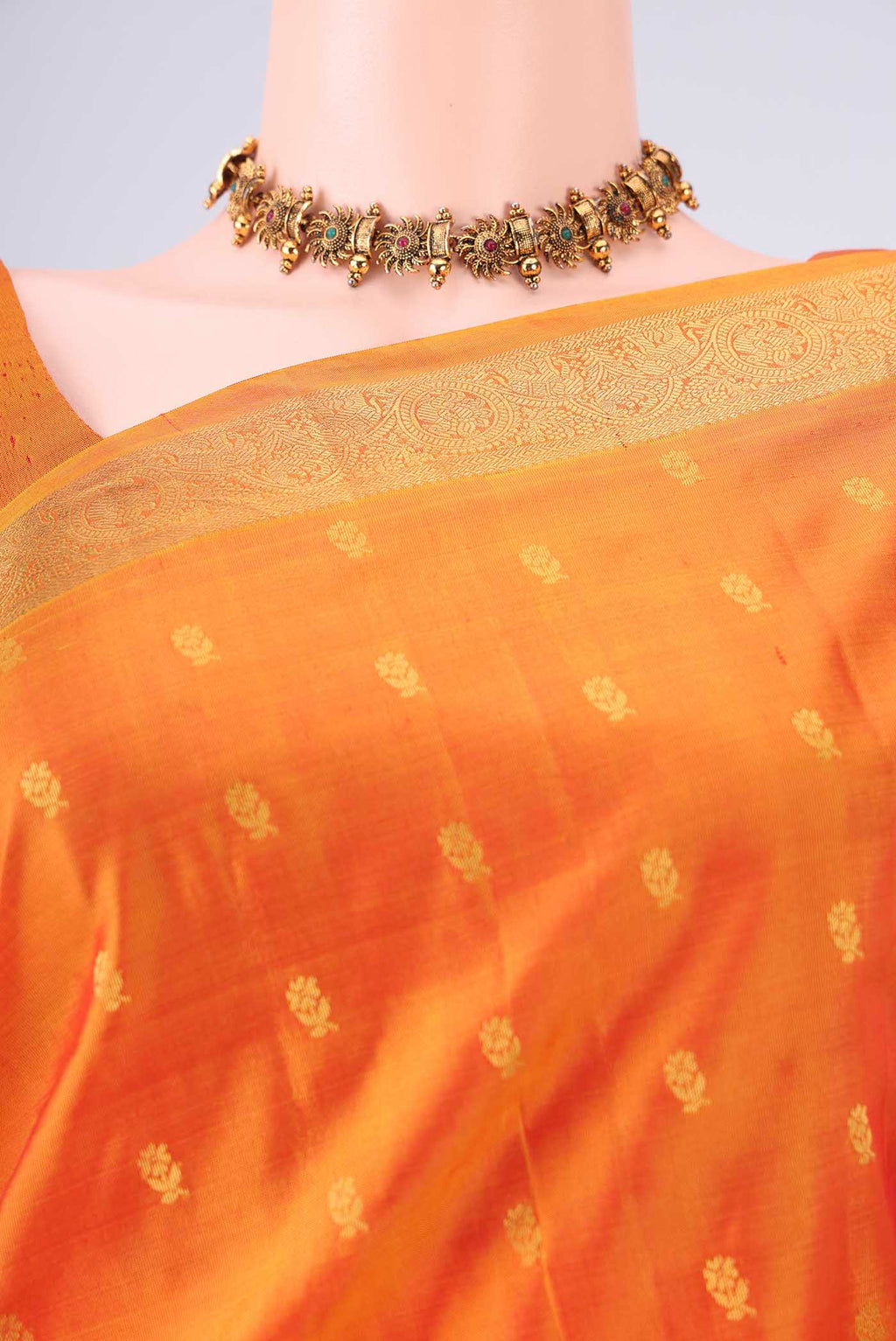 Border image of Yellow Nangavalli Silk [ Salem ] Saree with Zari Butta on the body and Zari Border. 