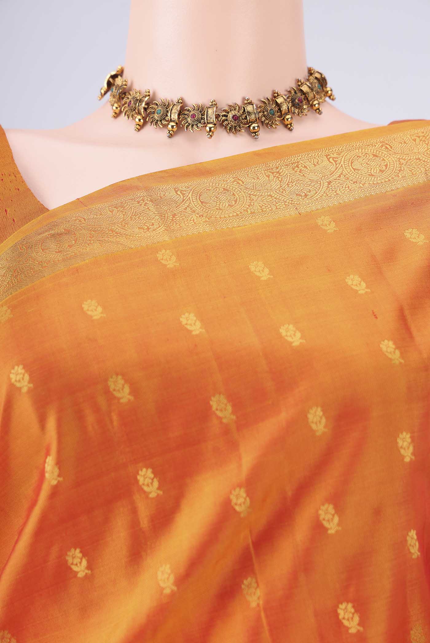 Border image of Yellow Nangavalli Silk [ Salem ] Saree with Zari Butta on the body and Zari Border. 