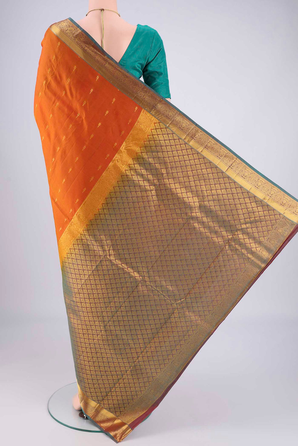 Flat view of Yellow Nangavalli Silk [ Salem ] Saree with Zari Butta on the body and Zari Border. 