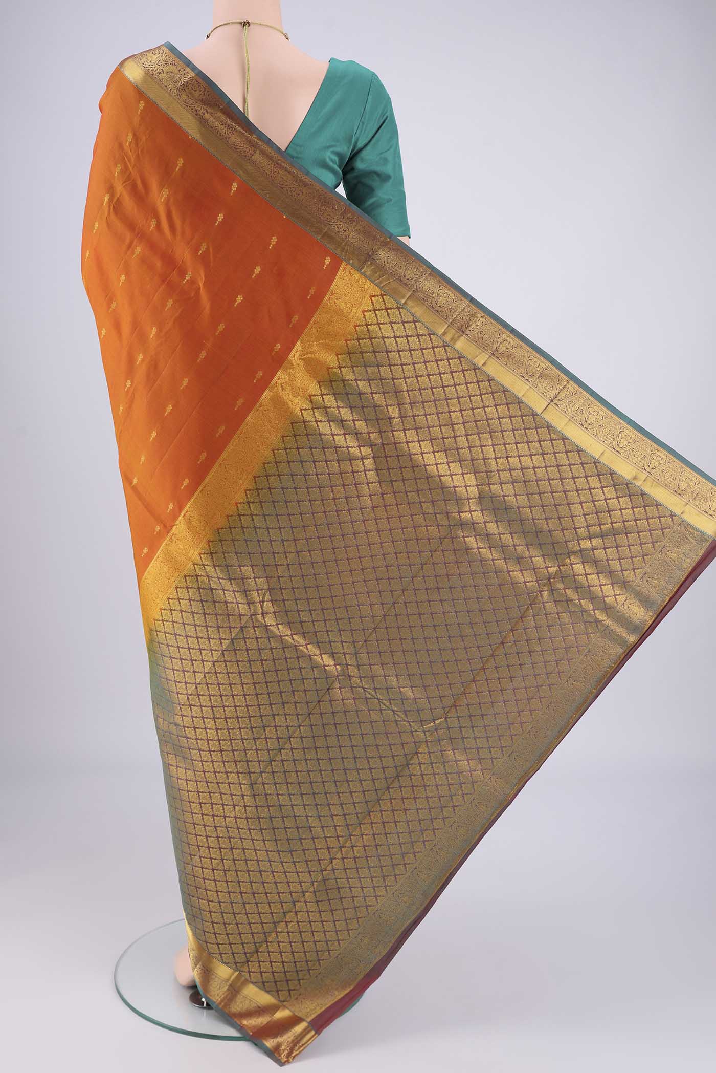 Flat view of Yellow Nangavalli Silk [ Salem ] Saree with Zari Butta on the body and Zari Border. 