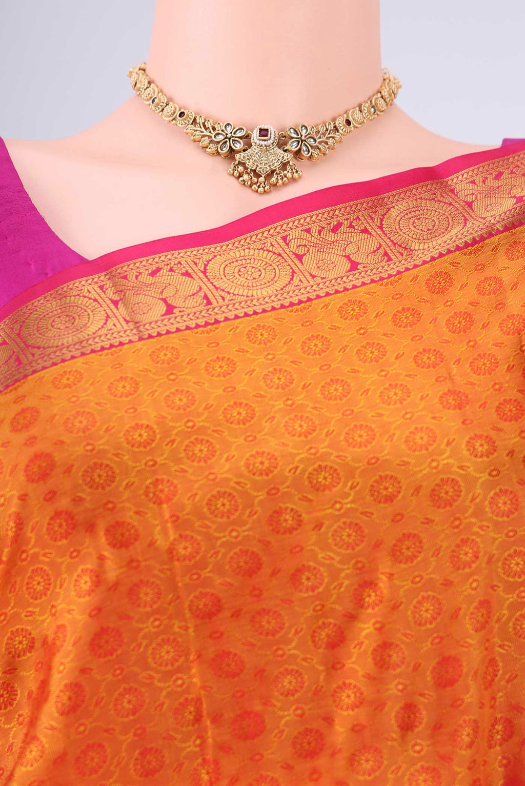 Border image of Yellow Nangavalli Silk [ Salem ] Saree with Jacquard design on the body and Zari Border. 