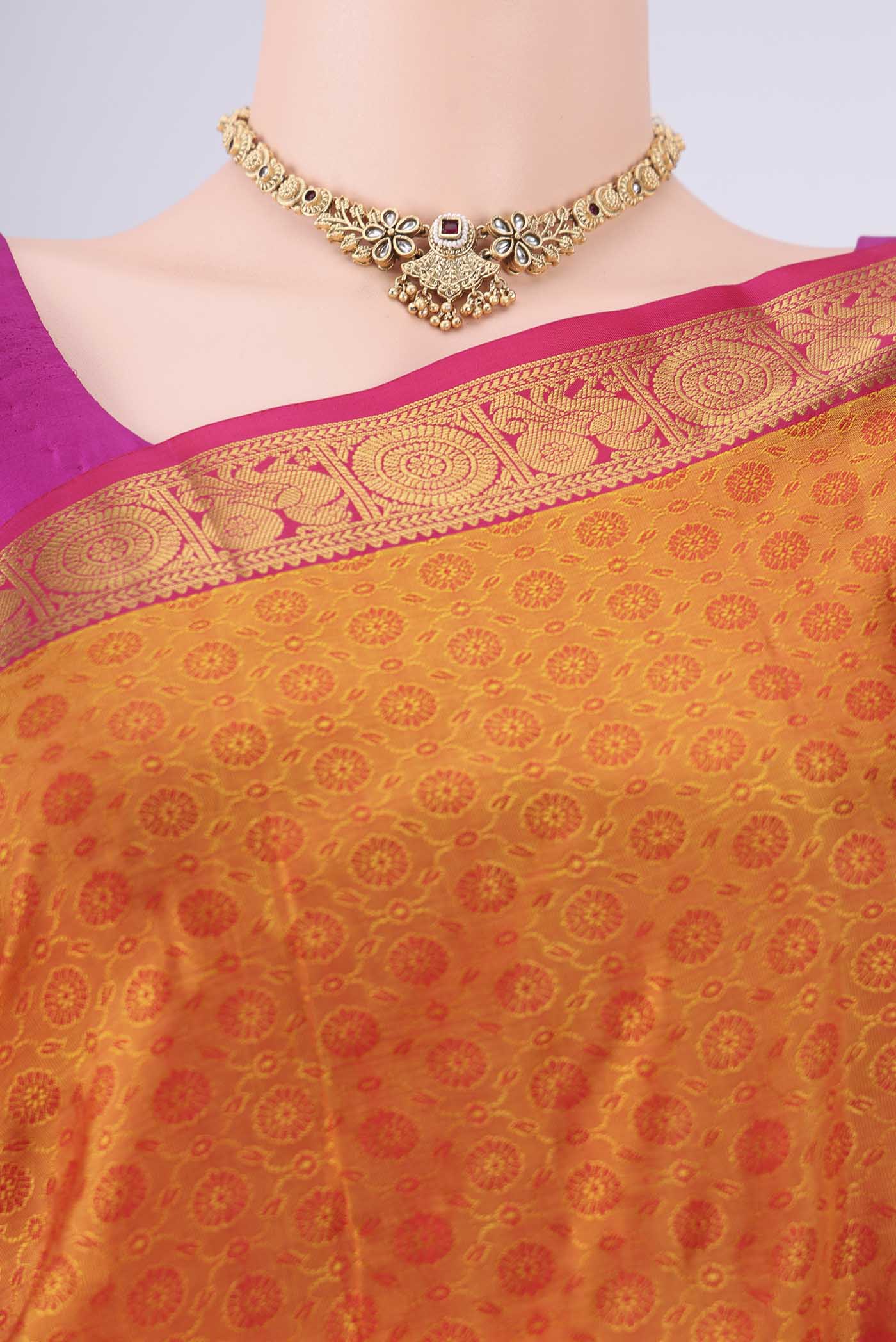 Border image of Yellow Nangavalli Silk [ Salem ] Saree with Jacquard design on the body and Zari Border. 