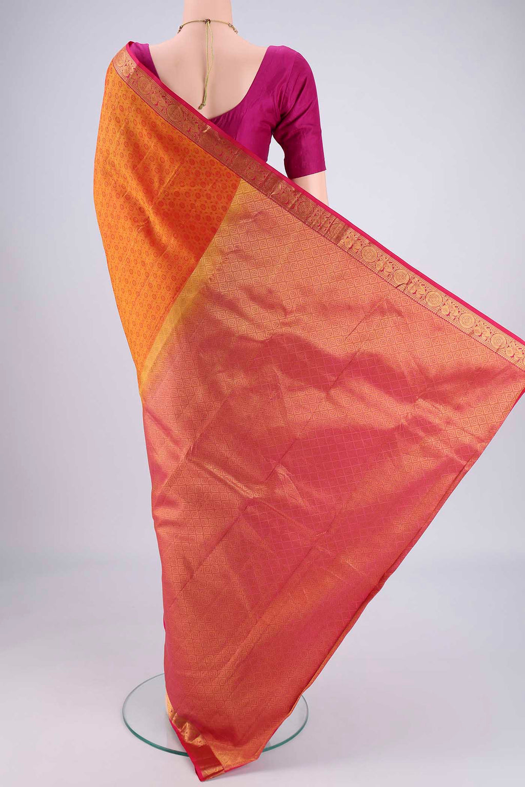 Flat view of Yellow Nangavalli Silk [ Salem ] Saree with Jacquard design on the body and Zari Border. 