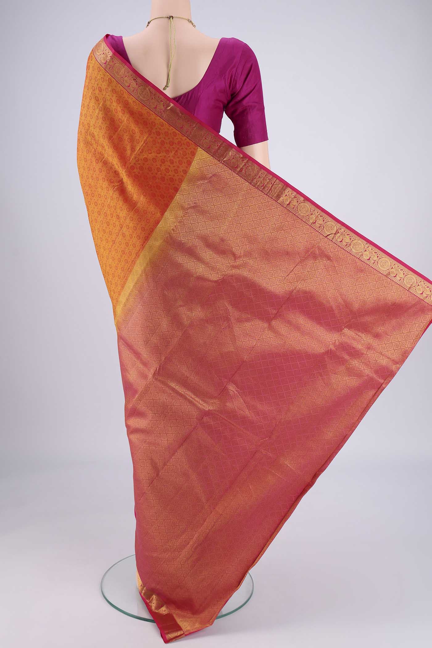 Flat view of Yellow Nangavalli Silk [ Salem ] Saree with Jacquard design on the body and Zari Border. 
