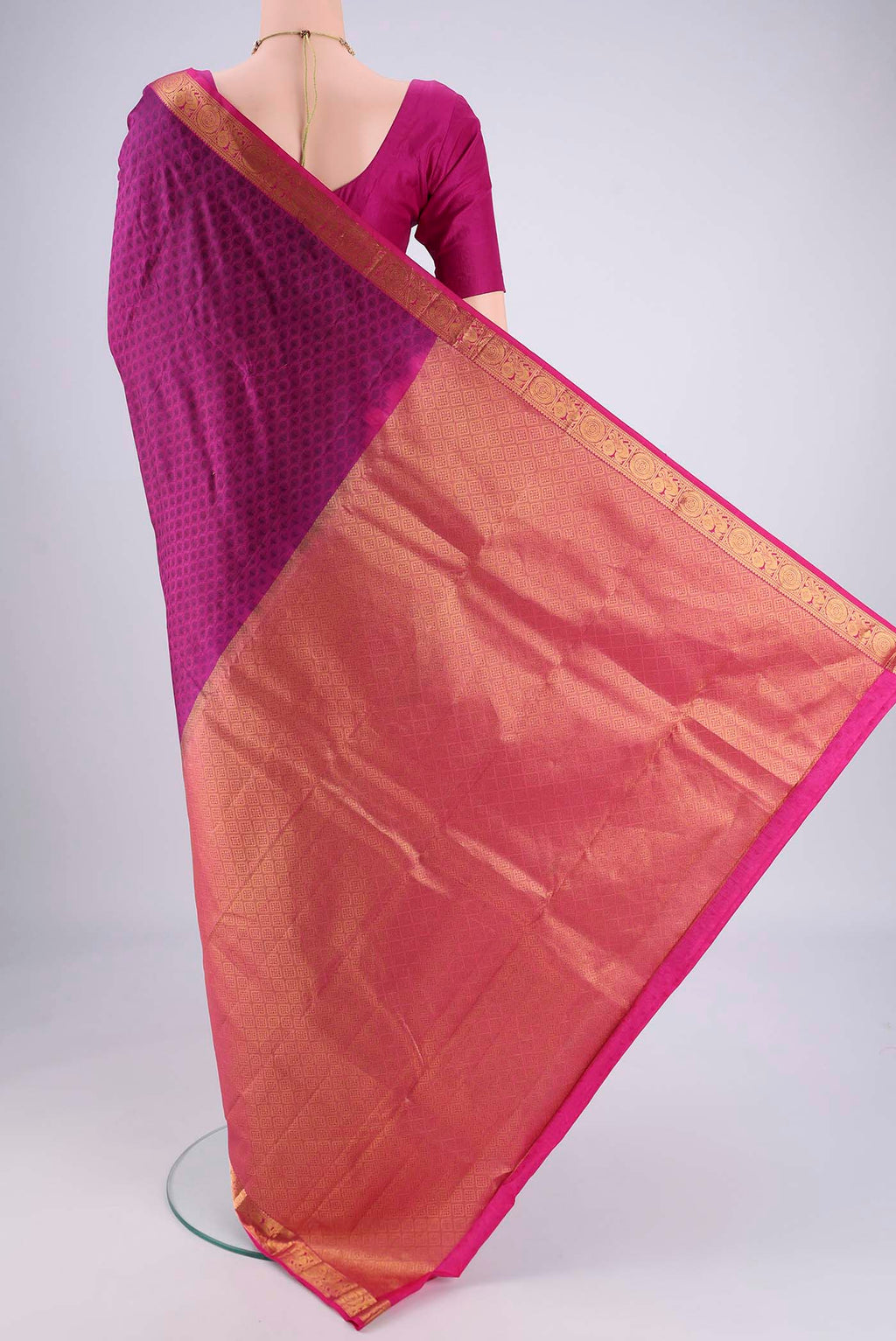 Flat view of Magenta Nangavalli Silk [ Salem ] Saree with Jacquard design on the body and Zari Border. 