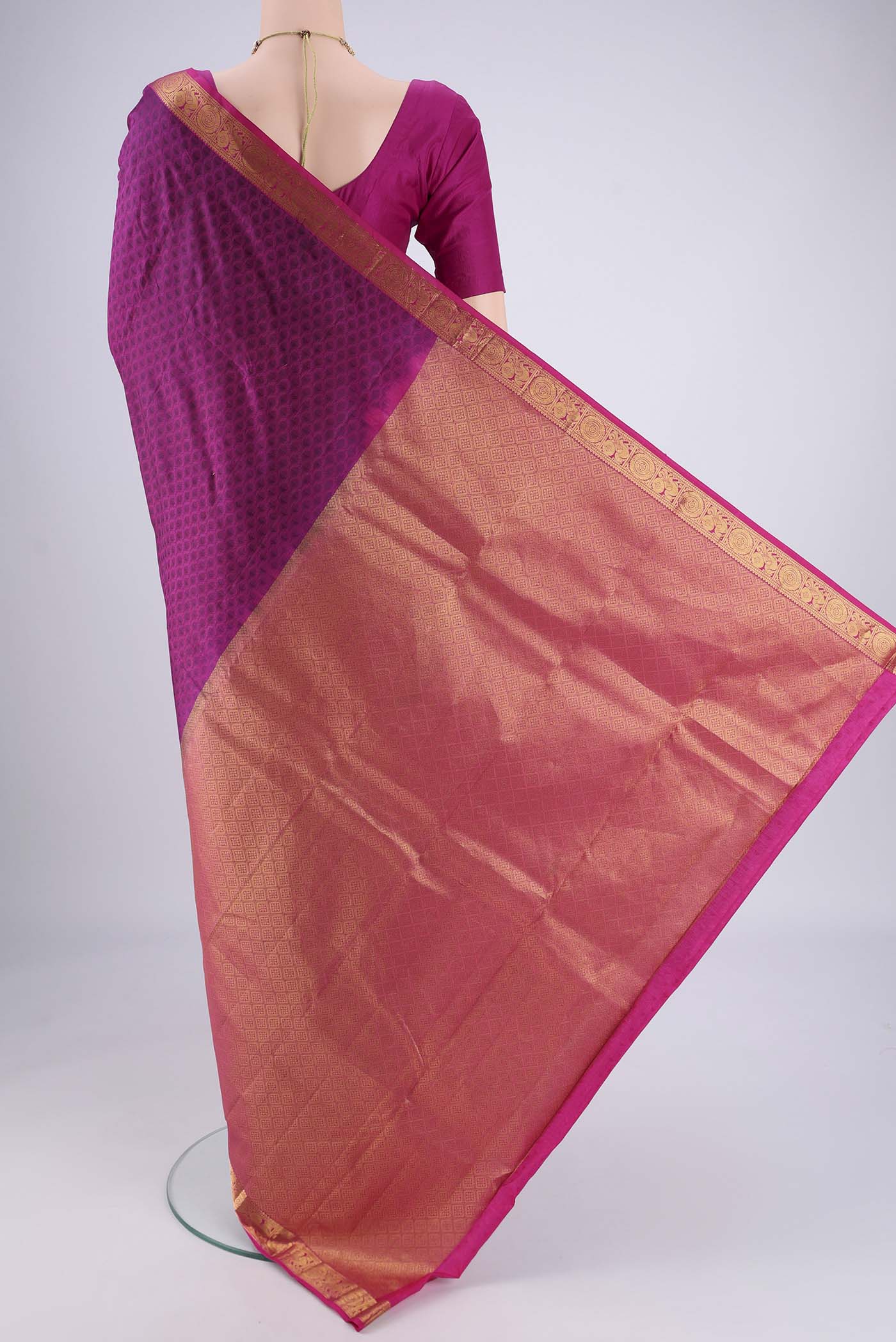 Flat view of Magenta Nangavalli Silk [ Salem ] Saree with Jacquard design on the body and Zari Border. 