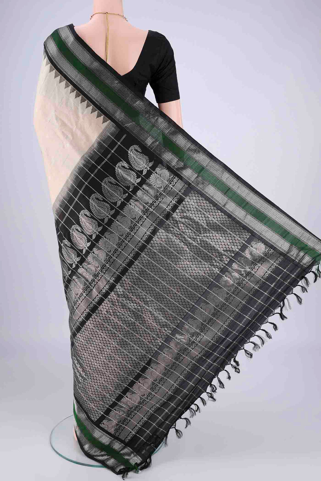 Flat view of Beige Gadwal Silk Saree with Checked design on the body and Zari Border. 