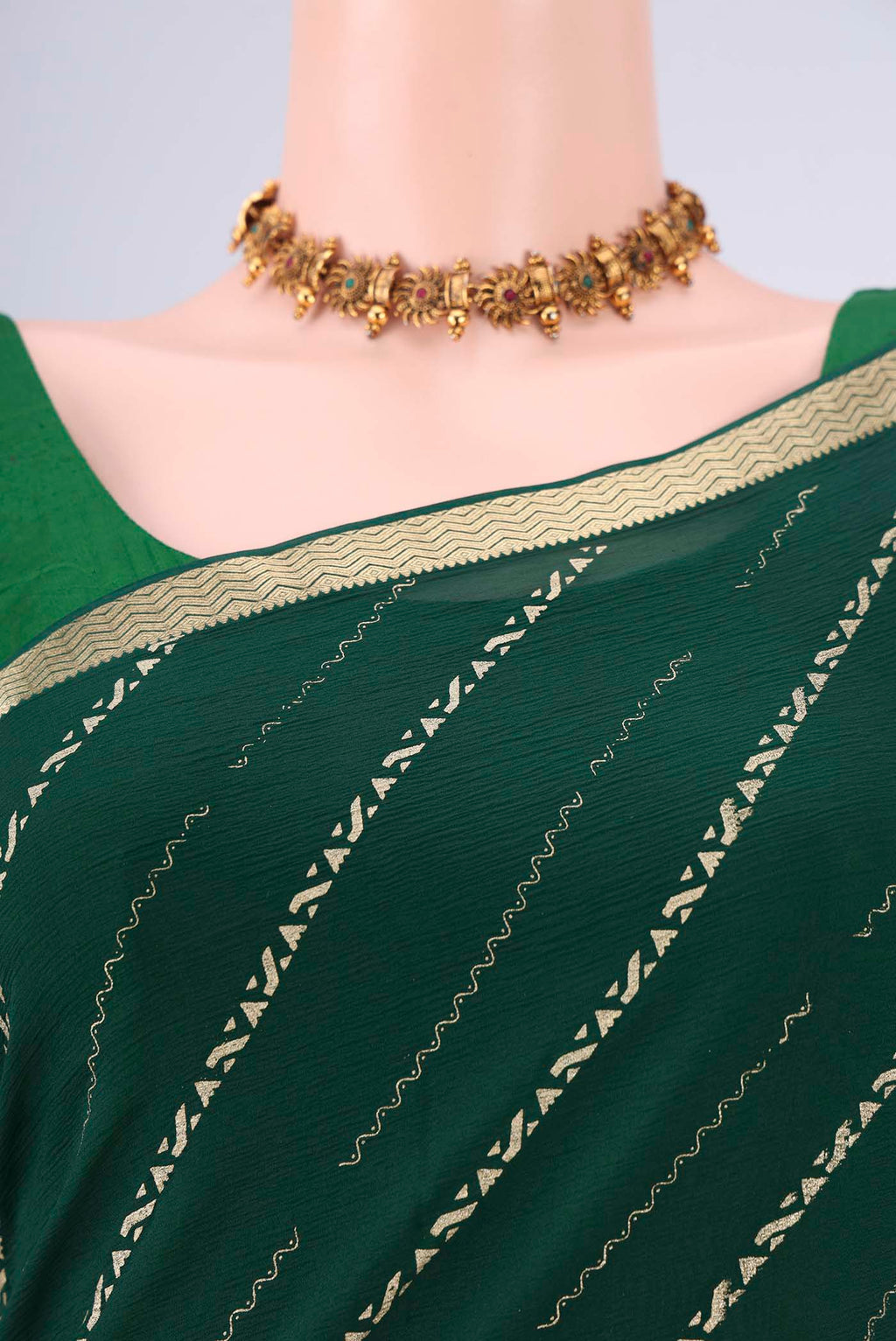 Border image of Bottle Green Mysore Chiffon Saree with Stripes on the body and Zari Border. 