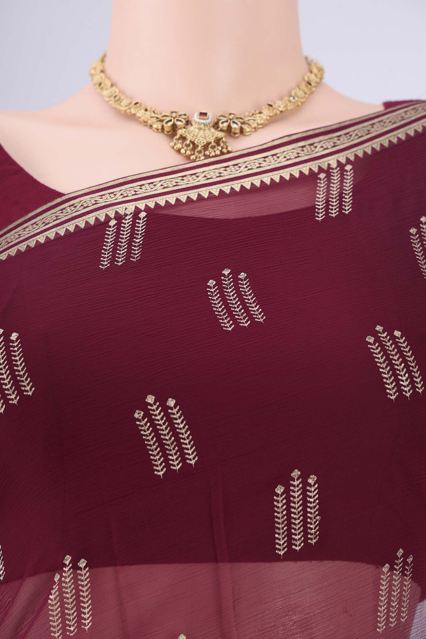 Border image of Burgundy Mysore Chiffon Saree with Zari Butta on the body and Zari Border. 