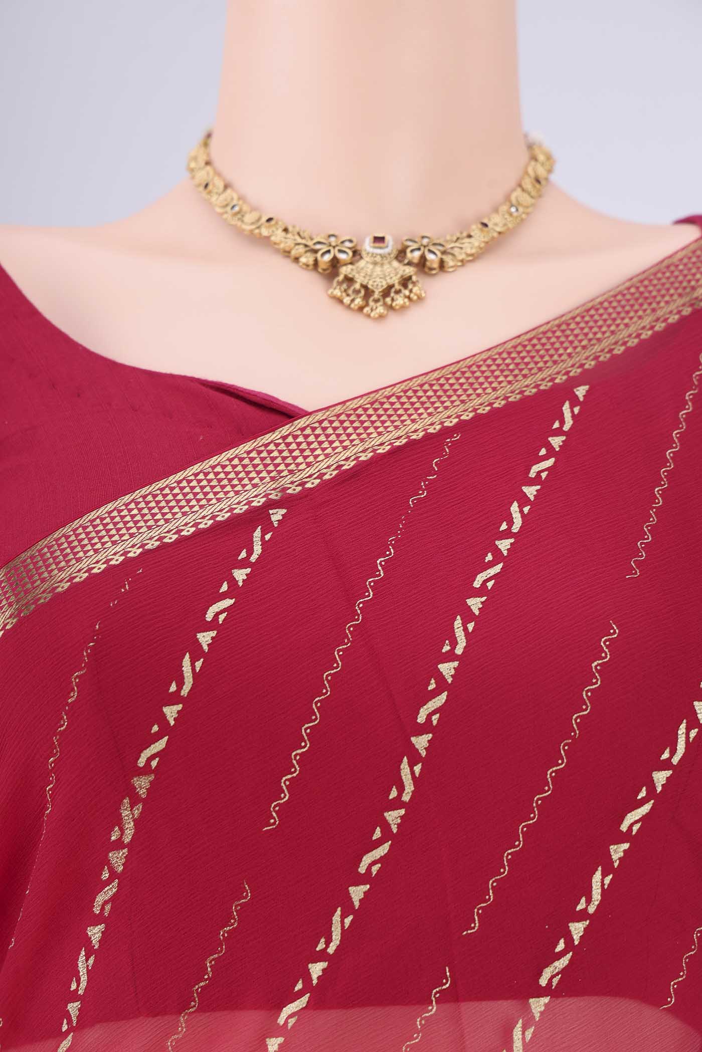 Border image of Dark Pink Mysore Chiffon Saree with Stripes on the body and Zari Border. 