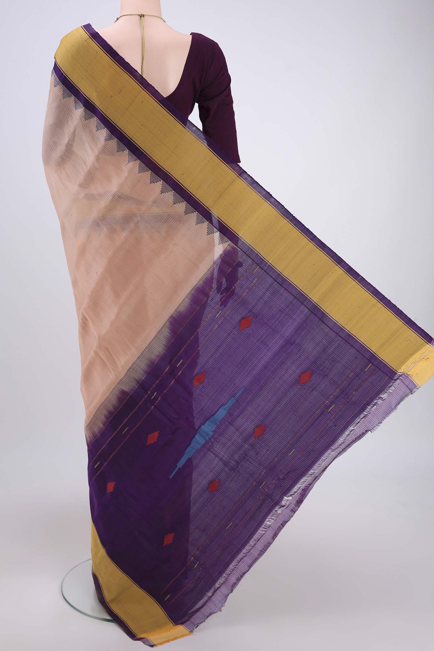 Flat view of Peach Gadwal Silk Saree with Stripes on the body and Zari Border. 