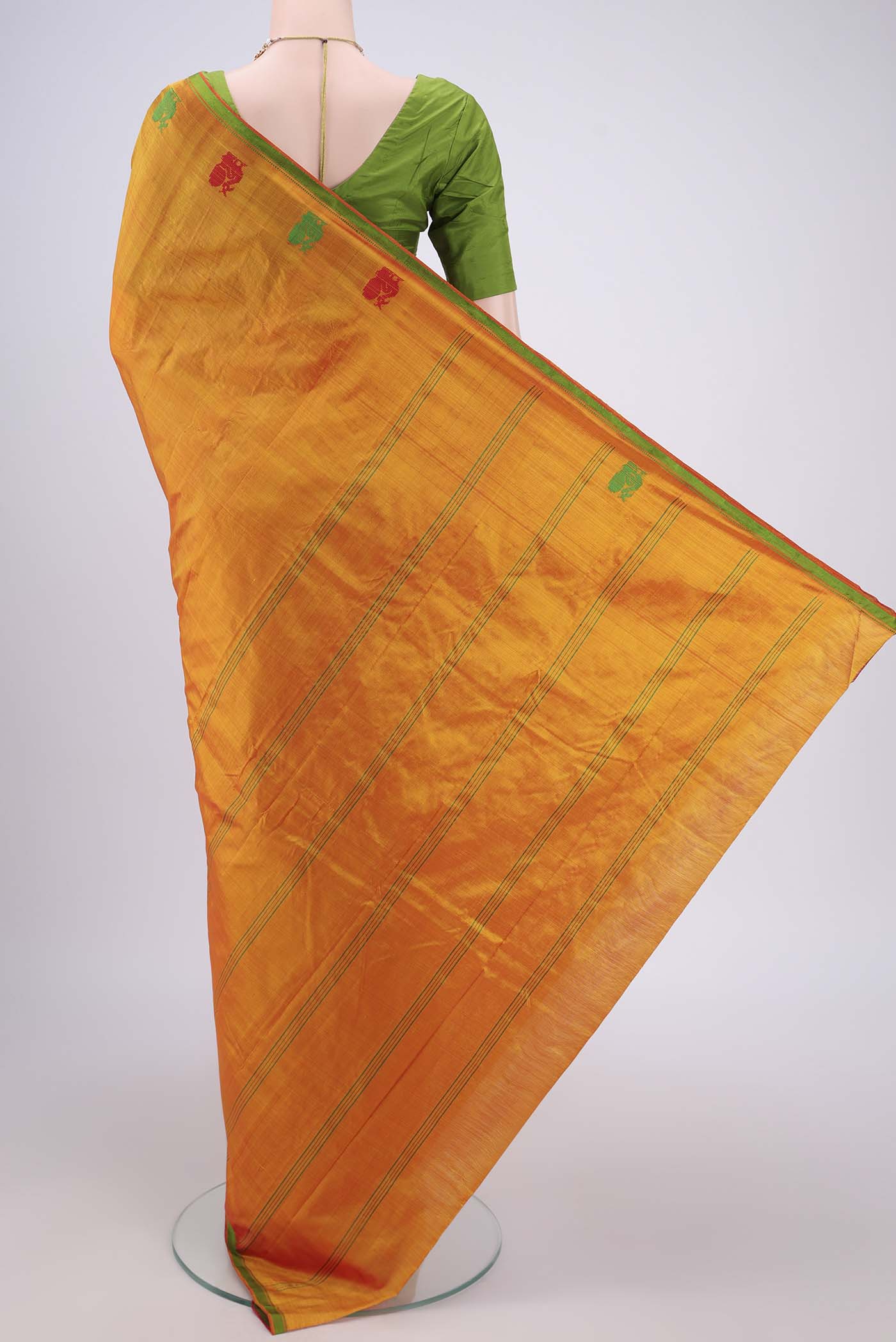 Flat view of Yellow Dual Tone Kanchipuram Silk Saree with Checked design on the body and Thread Border. 