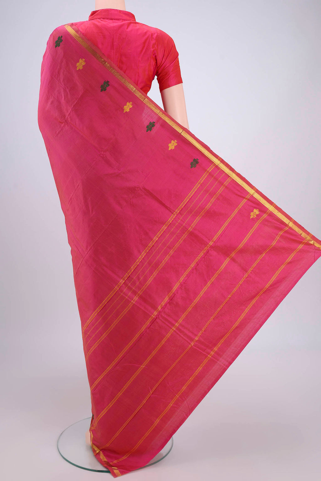 Flat view of Pink Kanchipuram Silk Saree with Plain Body and Zari Border. 
