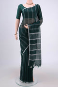 Bottle Green Blended Linen Saree with Stripes on the body and Zari Border.  displayed on a mannequin