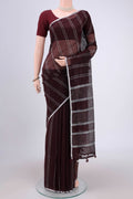 Brown Blended Linen Saree with Stripes on the body and Zari Border.  displayed on a mannequin