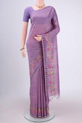 Mauve Tussar Silk Saree with Jamdani on the body and Zari Border.  displayed on a mannequin