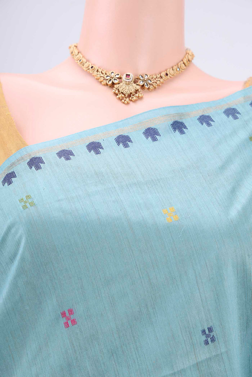 Border image of Sky Blue Tussar Silk Saree with Jamdani on the body and Zari Border. 