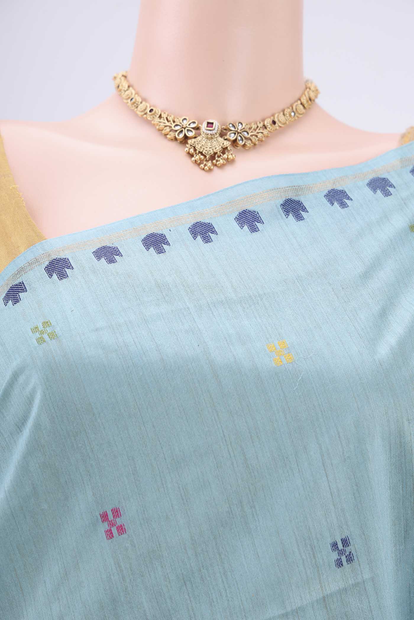 Border image of Sky Blue Tussar Silk Saree with Jamdani on the body and Zari Border. 