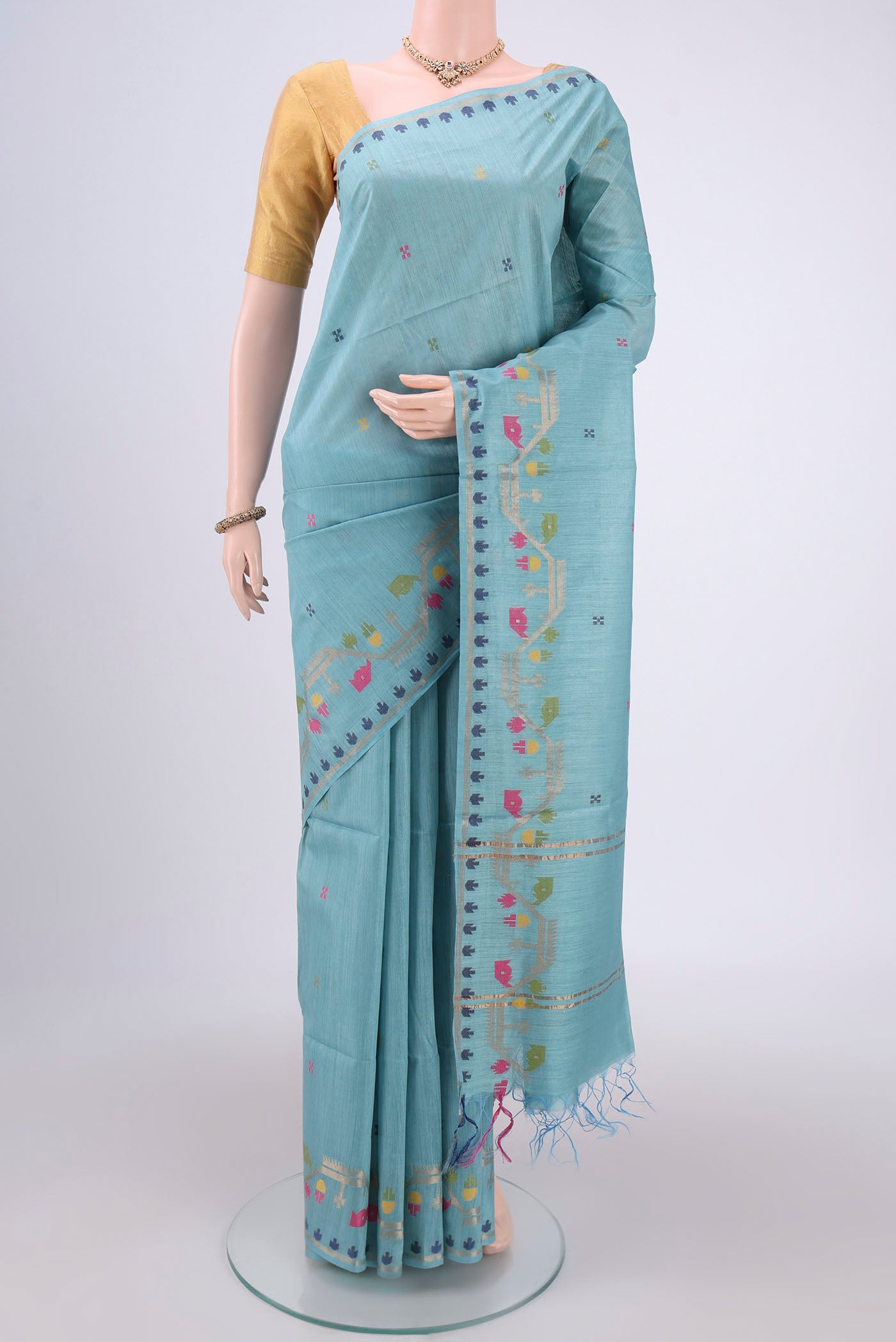 Sky Blue Tussar Silk Saree with Jamdani on the body and Zari Border.  displayed on a mannequin