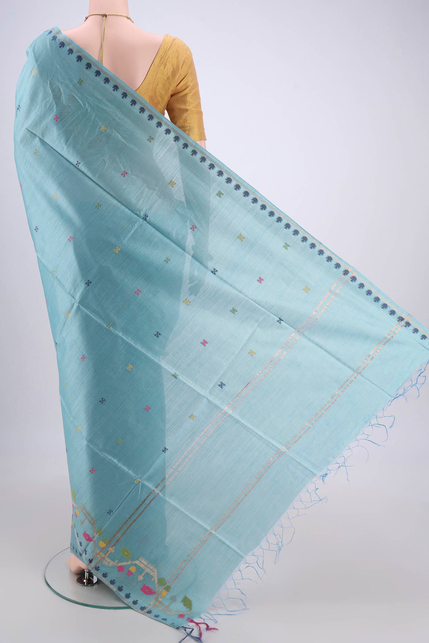 Flat view of Sky Blue Tussar Silk Saree with Jamdani on the body and Zari Border. 