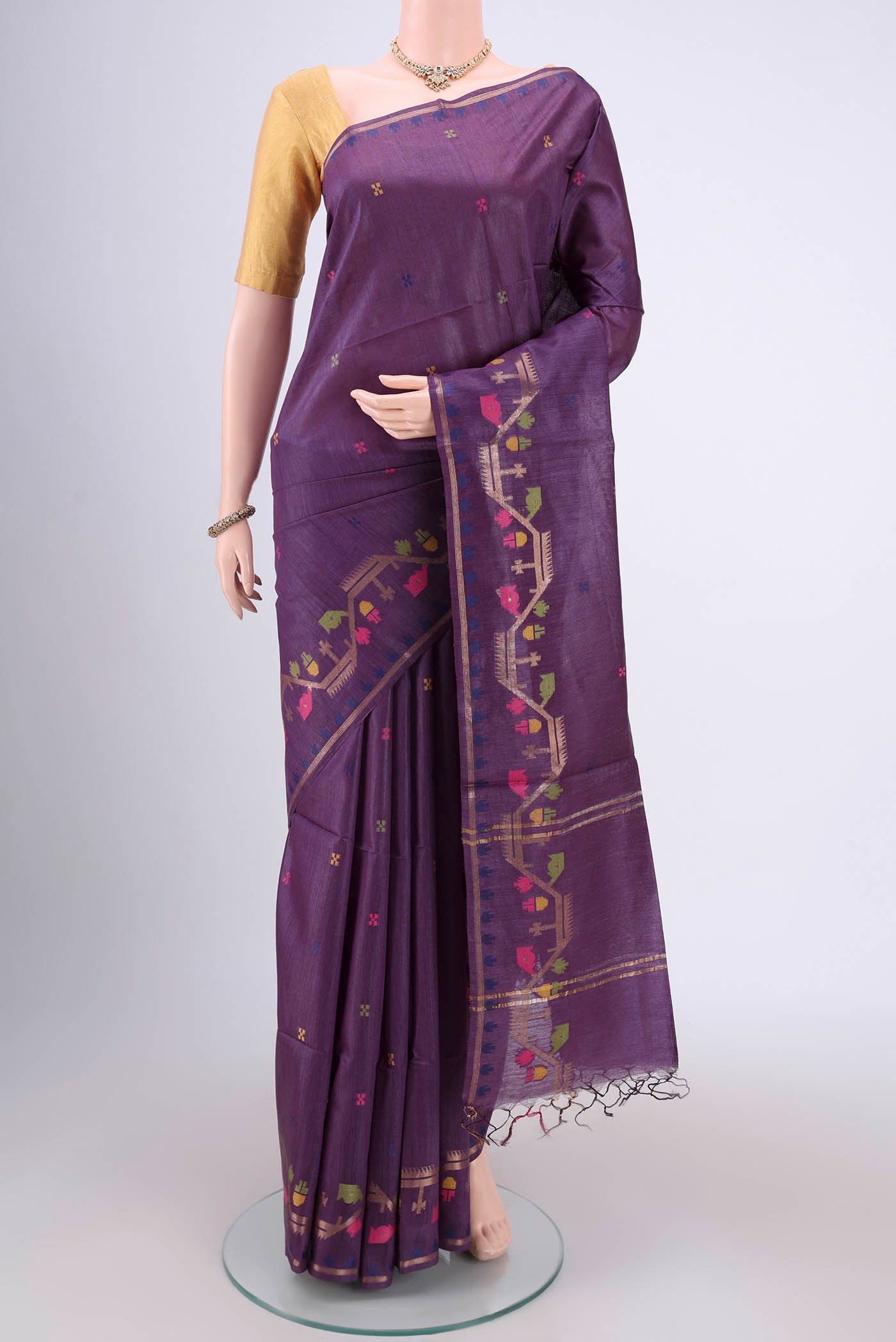 Purple Tussar Silk Saree with Jamdani on the body and Zari Border.  displayed on a mannequin