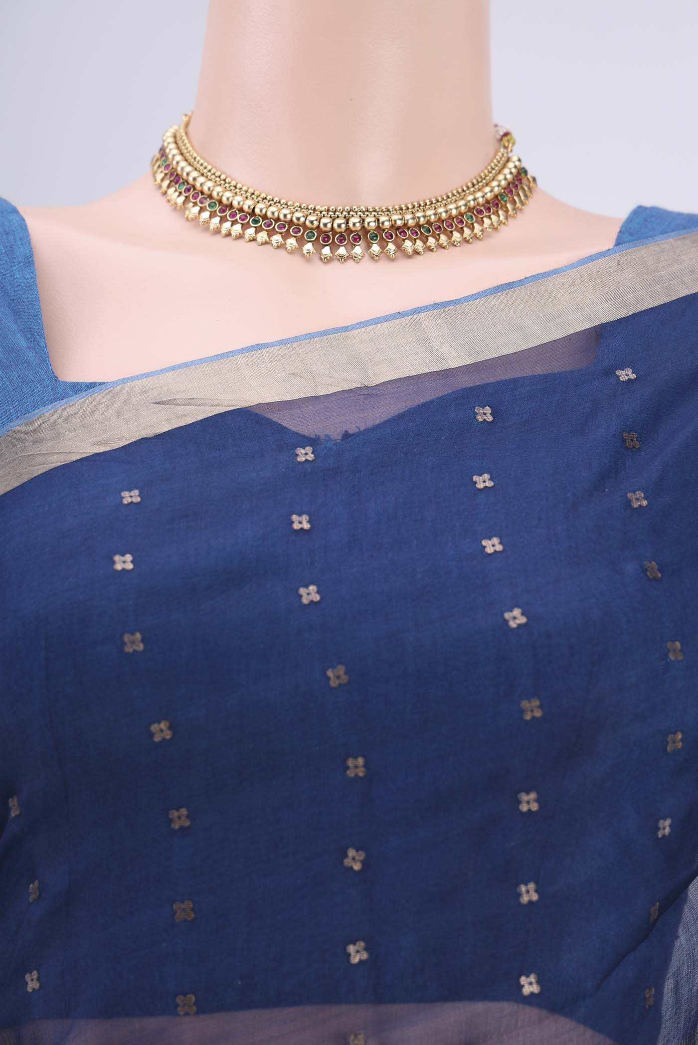 Border image of Navy Blue Kora Silk Saree with Fancy on the body and Zari Border. 
