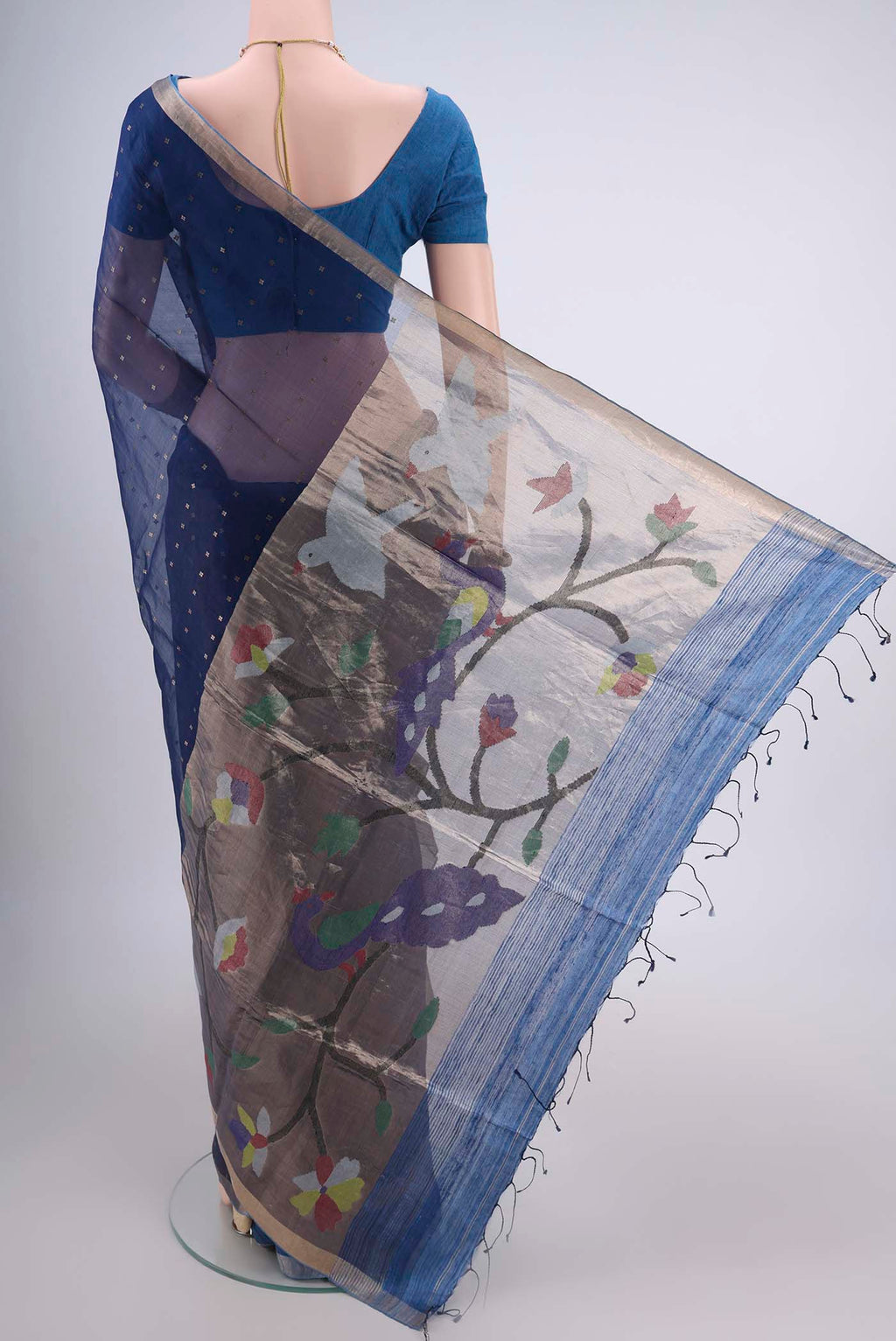 Flat view of Navy Blue Kora Silk Saree with Fancy on the body and Zari Border. 
