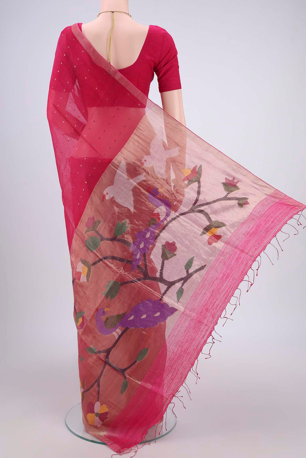 Flat view of Dark Pink Kora Silk Saree with Fancy on the body and Zari Border. 