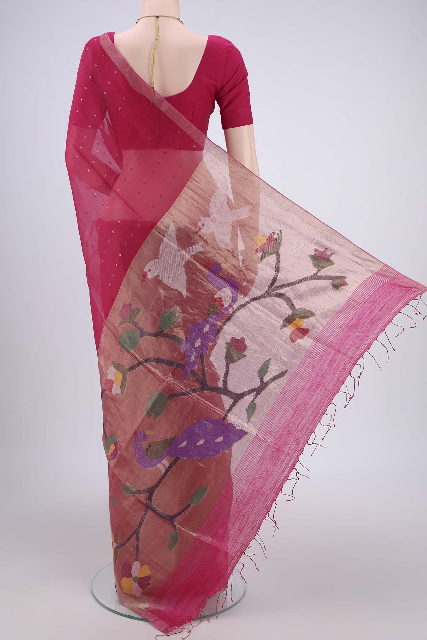 Flat view of Dark Pink Kora Silk Saree with Fancy on the body and Zari Border. 